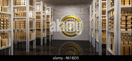 3D-Rendering von Goldbarren in Bank vault Ansicht von innen Stockfoto