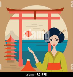 Schönen Japan Reisen Banner mit Geisha Berg Fuji Torii und Tempel Vector Illustration Stock Vektor