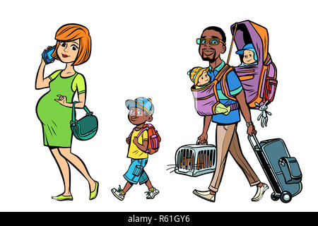 Multi-ethnische Reisende mit Familie, Mama, Papa und Kinder Stockfoto