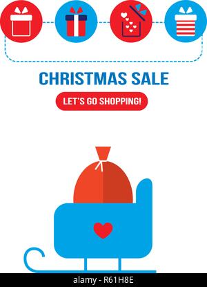 Weihnachten Schlitten mit Geschenken und Geschenkbox Symbole Modernes flaches design Stock Vektor