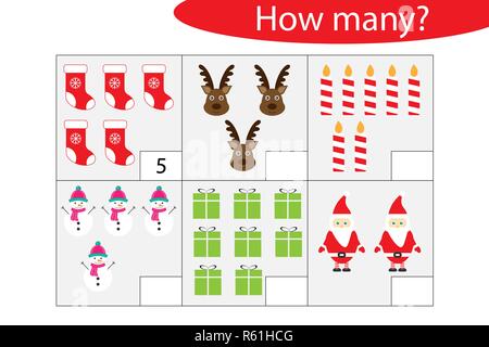 Wie viele zählen Spiel mit Weihnachten Bilder für Kinder, Pädagogische mathe Aufgabe für die Entwicklung des logischen Denkens, Vorschule Arbeitsblatt Aktivität, Stock Vektor