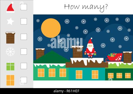 Wie viele zählen Spiel mit Weihnachten Bild für Kinder, Pädagogische mathe Aufgabe für die Entwicklung des logischen Denkens, Vorschule Arbeitsblatt Aktivität, Stock Vektor