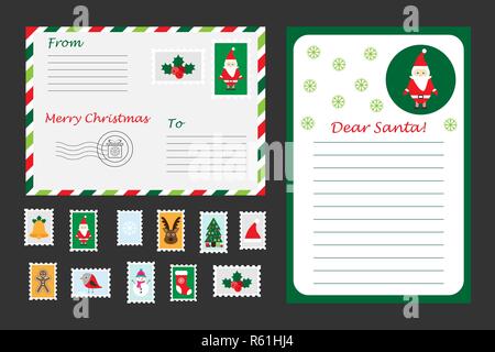 Weihnachten der Brief an Santa Claus, Umschläge und Briefmarken für Kinder, Spaß für Kinder im Vorschulalter, Vektor Stock Vektor