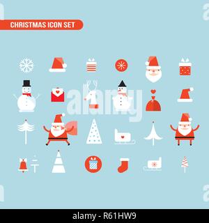 Weihnachten und Neujahr Icon Set Santa Claus Schneemann Vector Illustration Stock Vektor