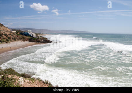 Blick Richtung Ankerpunkt von Killer Point (beide Spots), Taghazout, Marokko Stockfoto