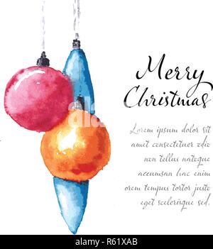 Aquarell Weihnachtskarte Vorlage mit Weihnachtsschmuck Kugeln Stock Vektor