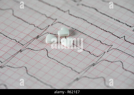 Kardiologie. Makro der EKG-Kurve und cardio Pillen. Pillen als ein Herz Stockfoto