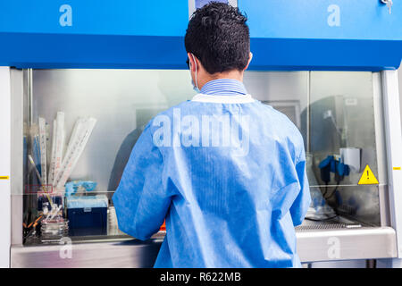 Junge Wissenschaftler in einer laminaren Strömung Kabinett im Labor arbeiten Stockfoto