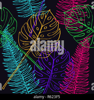 Farn Wedel und Split Philodendrom bunte Blätter, nahtlose Muster Design, Hand gezeichnet Doodle in schwarzer Hintergrund, Skizze im Pop Art Stil Stockfoto