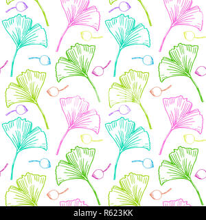 Bunte Ginkgo (Ginkgo biloba oder maidenhair Tree), Blätter und Samen, nahtlose Muster Design, Hand gezeichnet Doodle in weißer Hintergrund, Skizze in der Pop Art Stockfoto