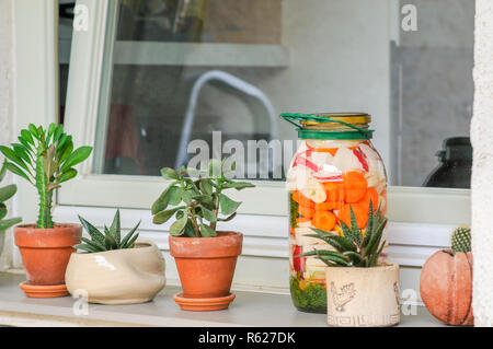 Glas mit hausgemachten eingelegtes Gemüse ausgesetzt auf der Küche Fensterbänke zum Licht Stockfoto