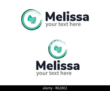 Melissa Logo Vektor Vorlage. Melissa Blätter in den abgerundeten Splash. Mint Farbe Logo Design. Orizontal und vertikale Version von Logo concerp mit Meli Stockfoto