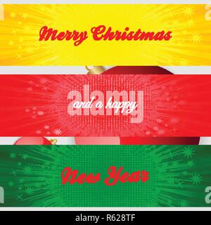 Frohe Weihnachten und einen guten Rutsch ins Neue Jahr dekorative Text über drei Panels mit Star Burst auf weißem Hintergrund mit roten Christbaumkugeln Stock Vektor