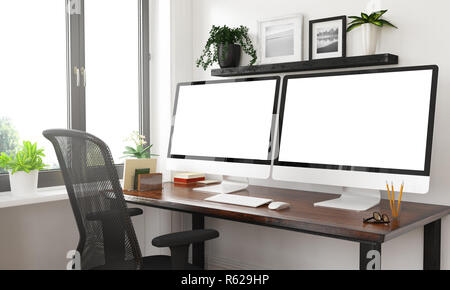 Schwarze und weiße Studio mit zwei Mockupscreens 3D-Rendering Stockfoto