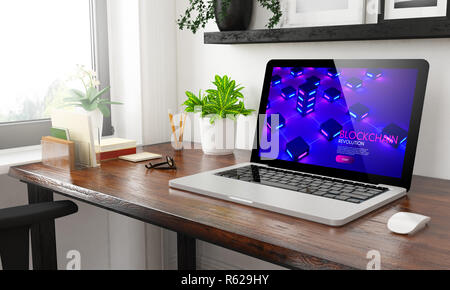 Laptop zu Hause Büro blockchain 3D-Rendering Stockfoto