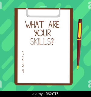Konzeptionelle Handschrift zeigt, was sind ihre Skillsquestion. Business Foto text Erzählen Sie uns Ihre Fähigkeiten wissen Erfahrung Blatt Papier auf C Stockfoto