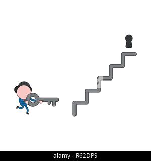 Vector Illustration Konzept der Geschäftsmann Charakter und die Taste oben an der Treppe zum Schlüsselloch. Farbe und schwarzen Umrissen. Stock Vektor