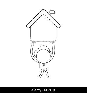 Vector Illustration Konzept der Geschäftsmann Charakter zu Fuß und Haus. Schwarzer outline. Stock Vektor