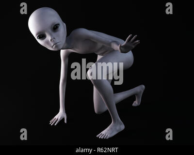 Porträt eines Außerirdischen kauern und hält seine Hand vor ihr, 3D-Rendering. Schwarzen Hintergrund. Stockfoto