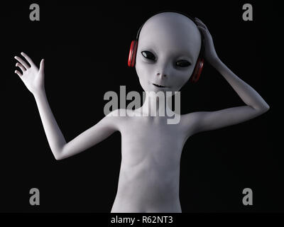 Ein Alien aus dem Weltraum hören die Musik in den Kopfhörern, die er trägt, 3D-Rendering. Schwarzen Hintergrund. Stockfoto