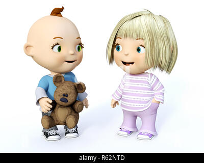 Cute cartoon Kleinkind Junge und Mädchen an jedem anderen, lächelnden, 3D-Rendering. Weißer Hintergrund. Stockfoto