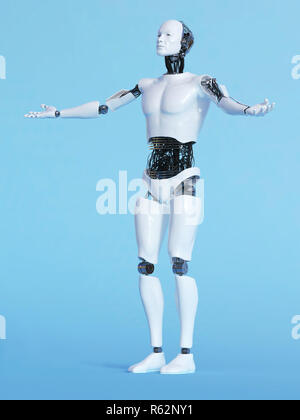 Ein männlicher Roboter mit ausgestreckten Armen in einem einladenden darstellen, Bild 2. Blauen Hintergrund. Stockfoto