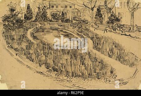 Der Park und der Teich vor dem gelben Haus. Datum: April 1888, Arles. Abmessungen: 32,0 cm x 50,1 cm. Museum: Van Gogh Museum, Amsterdam. Stockfoto