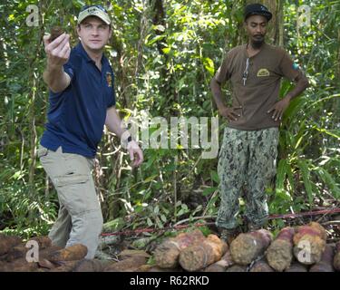 KOROR, Palau (Nov. 26, 2018) die Beseitigung von Explosivstoffen Techniker 1. Klasse Charles Brown, die der Beseitigung von Explosivstoffen Mobile Einheit (EODMU) 5 Ablösung (DET) Marianen (MAR), untersucht shell Fragmente aus der Zeit des Zweiten Weltkriegs japanische Artillerie durch Mitglieder von Palau Bureau für Öffentliche Arbeiten. EODMU 5 DETMAR ist derzeit in Palau, Bereitstellung von Experten den Austausch mit dem Palauan Regierung, nationale Sicherheit, und Palau Bureau für Öffentliche Arbeiten. Stockfoto