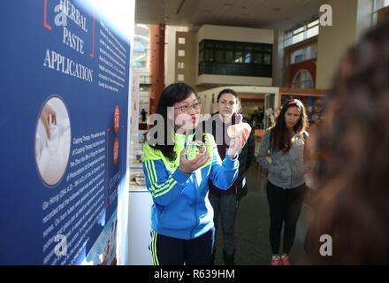 (181204) - VALLETTA, Dez. 4, 2018 (Xinhua) - Dolmetscher Li Zhengya traditionelle Schröpftherapie für Besucher erklärt Mater Dei Hospital in Msida, Malta, Dez. 2, 2018. Die Menschen zeigten Interesse an der Traditionellen Chinesischen Medizin (TCM), wie Sie die "Güte und Heilkunst" TCM-Ausstellung auf dem Malta wichtigsten Krankenhaus Mater Dei besucht. Die Ausstellung zeigte die TCM-Geschichte, seine spezifischen Eigenschaften, heilende Techniken, Erfolge und weltweit einsetzbar mit Bilder und Poster der Traditionellen Chinesischen Medizin in Malta zu machen. Um mit der Funktion: Traditionelle Chinesische medi Stockfoto