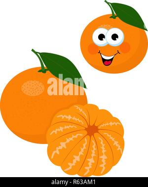 Mandarinen, Mandarine, Clementine mit Blättern auf weißem Hintergrund. Zitrusfrüchte. Lustige cartoon Charakter. Vector Illustration Stock Vektor