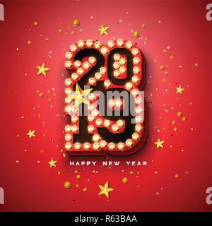 2019 Happy New Year Illustration mit 3D Glühbirnen-Typografie-Schriftzug und Goldstern auf rotem Hintergrund. Holiday Design mit glänzenden hellen Lichtern für Stock Vektor