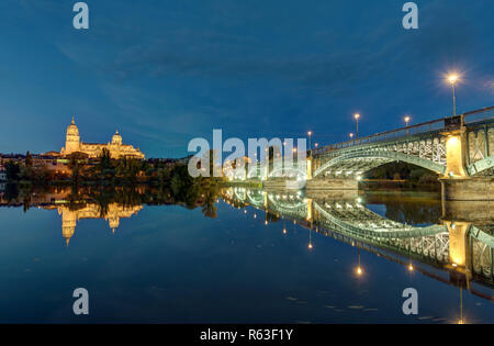 Kathedrale und Brücke in Salamanca bei Nacht Stockfoto