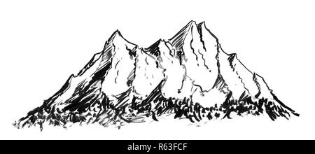 Schwarze Tinte Grunge Handzeichnung von generischen Berglandschaft Stockfoto