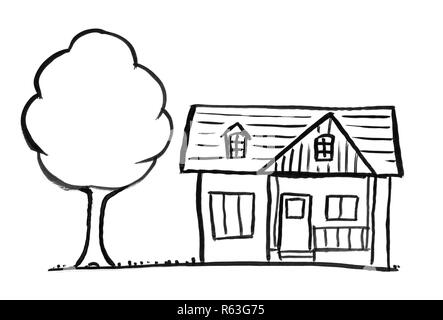 Schwarze Tinte Grunge Hand Zeichnung der romantischen Haus und Baum Stockfoto