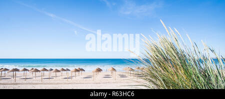 Palm Leaf Sonnenschirme an einem einsamen Strand von einer Düne gesehen Stockfoto