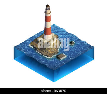 Kleines Stück Meer mit den Inseln und den Leuchtturm. Isometrische Darstellung. 3D-Render. Stockfoto