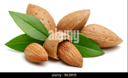Mandeln mit Blättern auf weißem Hintergrund. Makro, Studio gedreht. Stockfoto