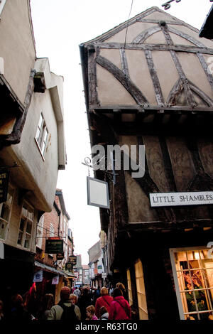 The Shambles in der Stadt York. Schmale Gassen mit überhängenden Fachwerkhäuser machen abdunkeln Straßen mit Stein gepflasterten Pfade und Souvenirläden. Eine Touristenattraktion und Ziel für amerikanische Besucher. Stockfoto