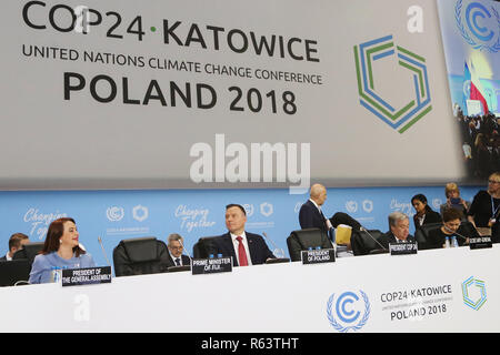 Andrzej Duda (Mitte), Präsident von Polen, und Maria Fernanda Espinosa Garces (links), Präsident der Generalversammlung der Vereinten Nationen, sind duri gesehen Stockfoto