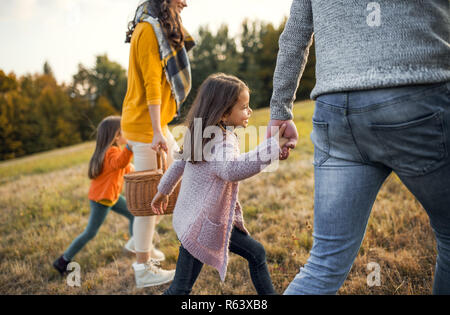 Ein Mittelteil der jungen Familie mit zwei kleinen Kindern gehen im Herbst Natur. Stockfoto