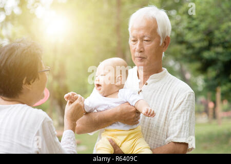 Großeltern mit Enkel spielen im Freien. Stockfoto