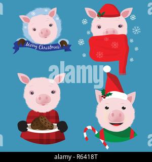 Christmas Collection mit vier lustigen Schweine auf dem blauen Hintergrund Stock Vektor