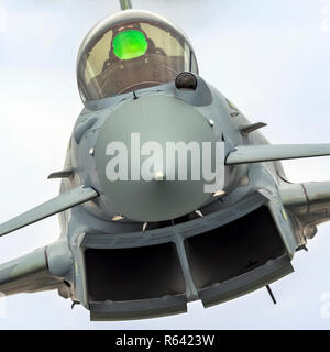 Royal Air Force (RAF) Eurofighter Typhoon im Flug. Eine zweimotorige, canard - delta wing, multirole Fighter. Im Royal International Air Tatt fotografiert. Stockfoto