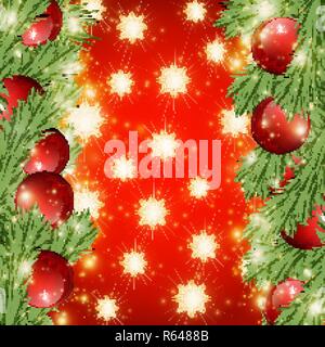 Rot glänzenden Hintergrund mit Weihnachtsschmuck, dekorative Fichte Äste, Schneeflocken, goldene Sterne, Ferienwohnung Merry X-Mas und ein Frohes Neues Jahr, illustr Stock Vektor