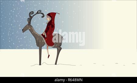 Frau Weihnachtsmann auf Rentier. Stock Vektor