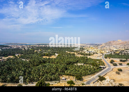 Ras Al Kaimah Vororten Dhayah Fort malerischen Palmen Landschaft mit blauen Himmel Horizont anzeigen Stockfoto