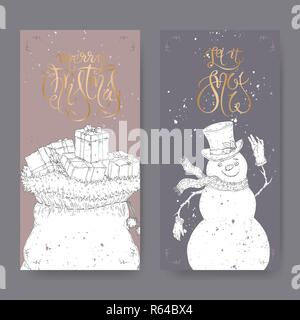 Satz von zwei Umrisse Banner mit Weihnachten Pinsel Schriftzug, eine Tasche mit Geschenken und einem niedlichen Schneemann. Stock Vektor