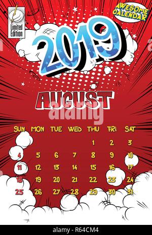 2019 Retro Stil Comic Kalender Vorlage für August. Pop Art Stil Hintergrund. Farbige Vektor poster Abbildung. Stock Vektor