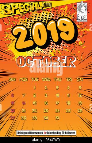 2019 Retro Stil Comic Vorlage Kalender für Oktober. Pop Art Stil Hintergrund. Farbige Vektor poster Abbildung. Stock Vektor