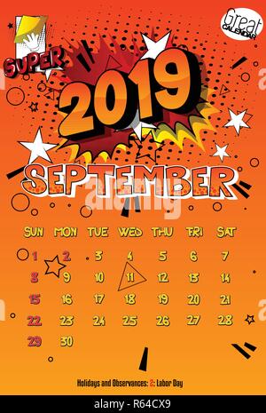 2019 Retro Stil Comic Vorlage Kalender für September. Pop Art Stil Hintergrund. Farbige Vektor poster Abbildung. Stock Vektor